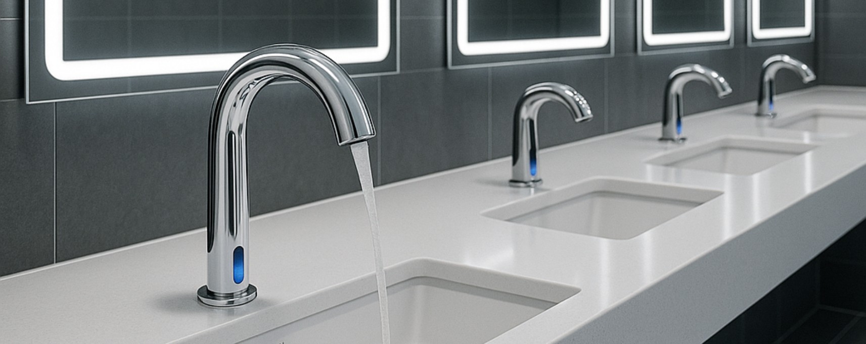 Airport and transit restroom design with apron sinks and touchless fixtures
